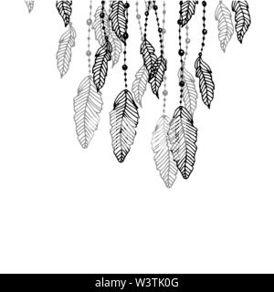 Hanging black and grey stylized doodle feathers, isolated on white. Vector decoration element Stock Vector