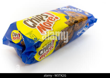 An isolated packet of original blue flavour of Chips more, a chocolate chip cookies, isolated in white background. Stock Photo