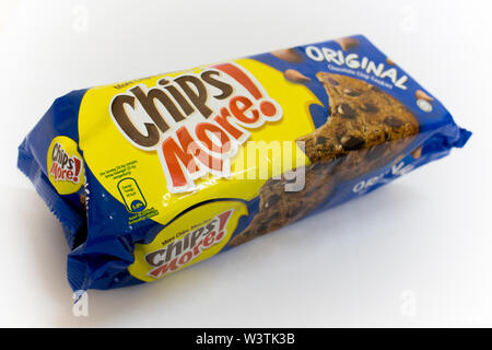 An isolated packet of original blue flavour of Chips more, a chocolate chip cookies, isolated in white background. Stock Photo