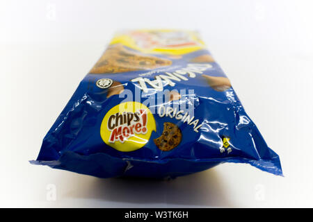 An isolated packet of original blue flavour of Chips more, a chocolate chip cookies, isolated in white background. Stock Photo