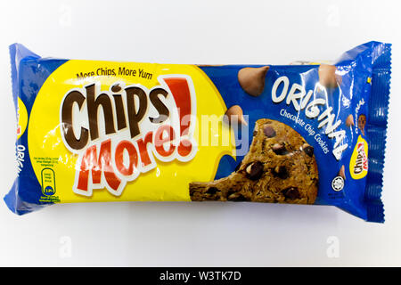 An isolated packet of original blue flavour of Chips more, a chocolate chip cookies, isolated in white background. Stock Photo