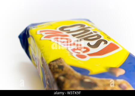 An isolated packet of original blue flavour of Chips more, a chocolate chip cookies, isolated in white background. Stock Photo