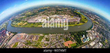 Aerial photo, as fisheye photo of the logistics area Logport Rheinhausen, Logport 1 on the Rhine with Rheinhafen Rheinhausen, DIT Duisburg Intermodal Stock Photo