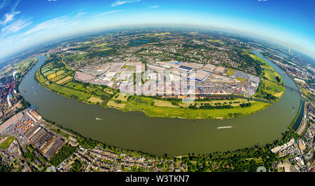 Aerial photo, as fisheye photo of the logistics area Logport Rheinhausen, Logport 1 on the Rhine with Rheinhafen Rheinhausen, DIT Duisburg Intermodal Stock Photo