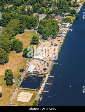 Aerial view of the beach at Lake Baldeney Seaside Beach Baldeney with outdoor swimming pool in Lake Baldeney Sand beach and sunbathing lawn in Essen, Stock Photo