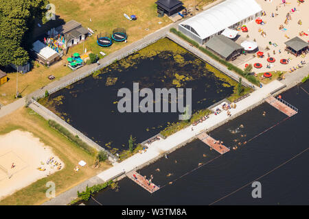 Aerial view of the beach at Lake Baldeney Seaside Beach Baldeney with outdoor swimming pool in Lake Baldeney Sand beach and sunbathing lawn in Essen, Stock Photo