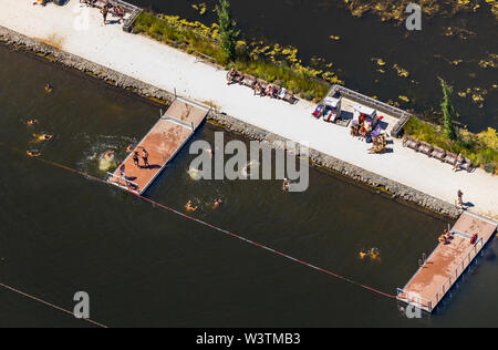 Aerial view of the beach at Lake Baldeney Seaside Beach Baldeney with outdoor swimming pool in Lake Baldeney Sand beach and sunbathing lawn in Essen, Stock Photo