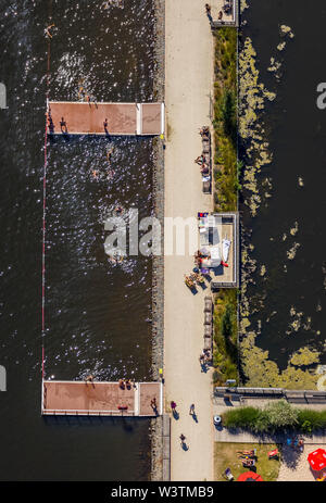 Aerial view of the beach at Lake Baldeney Seaside Beach Baldeney with outdoor swimming pool in Lake Baldeney Sand beach and sunbathing lawn in Essen, Stock Photo