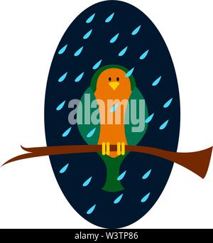 Bird sitting in the rain, illustration, vector on white background. Stock Vector