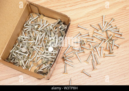 Small nails in a box and on the floor getting ready to be used for a home construction project.  Photo Credit:  Marty Jean-Louis Stock Photo