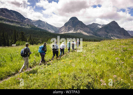 Glacier National Park, Montana, USA. 16th July, 2019. A group of women hikers head out from Cut Bank Campground on Pitamakan Pass Trail in East Glacier in Glacier National Park. Credit: Kent Meireis/ZUMA Wire/Alamy Live News Stock Photo