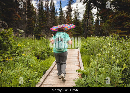 Glacier National Park, Montana, USA. 16th July, 2019. A woman uses an umbrella during a rain shower while hiking with her women's hiking group on Pitamakan Pass Trail in East Glacier in Glacier National Park. Credit: Kent Meireis/ZUMA Wire/Alamy Live News Stock Photo