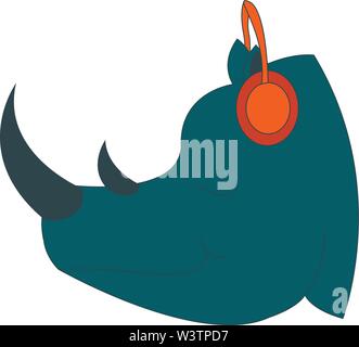 Rhino with headphones, illustration, vector on white background. Stock Vector