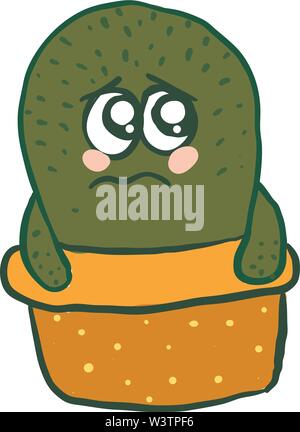 Cactus in orange pot is looking sad, illustration, vector on white background. Stock Vector