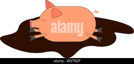 Cute pig sleeping in mud, illustration, vector on white background. Stock Vector