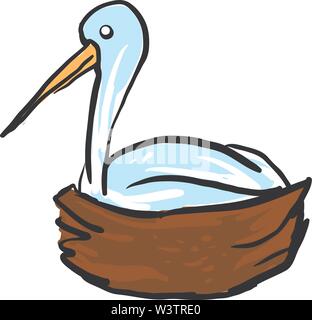 Blue stork in a nest, illustration, vector on white background. Stock Vector