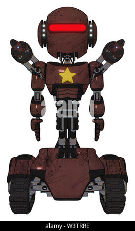 Android containing elements: round head, horizontal red visor, head light gadgets, light chest exoshielding, yellow star, minigun back assembly, tank. Stock Photo