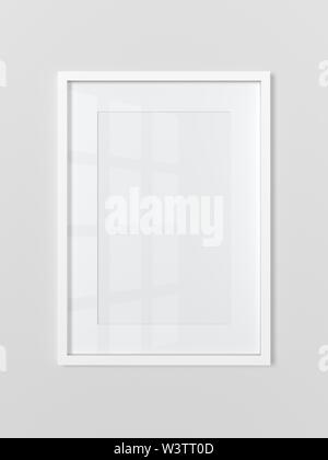 Blank white rectangular photo frame on light gray wall. Vertical. 3d illustration. Mock up. Stock Photo