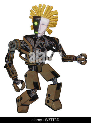 Mech containing elements: humanoid face mask, two-face black white mask, heavy upper chest, no chest plating, prototype exoplate legs. Material: old. Stock Photo