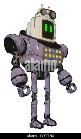 Android containing elements: old computer monitor, pixel line eyes, old computer magnetic tape, heavy upper chest, colored lights array, ultralight... Stock Photo