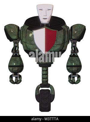 Automaton containing elements: humanoid face mask, heavy upper chest, red shield defense design, unicycle wheel. Material: old corroded copper. Stock Photo