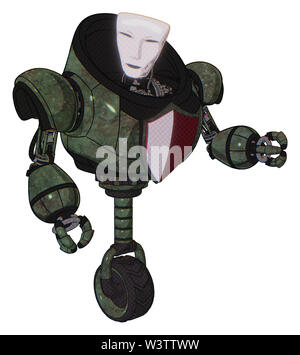 Automaton containing elements: humanoid face mask, heavy upper chest, red shield defense design, unicycle wheel. Material: old corroded copper. Stock Photo