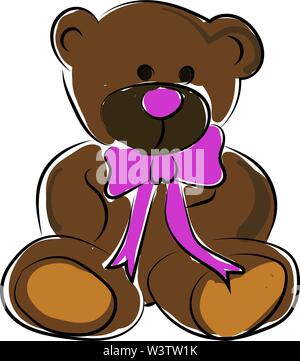 Teddy bear with purple bow tie, illustration, vector on white background. Stock Vector