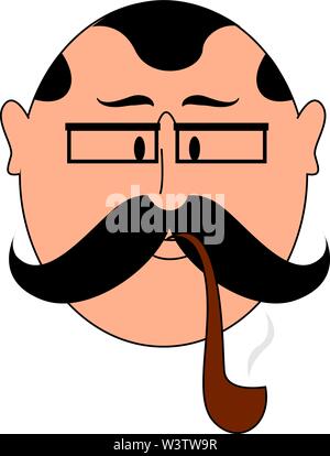 Man with big mustache smoking, llustration, vector on white background. Stock Vector