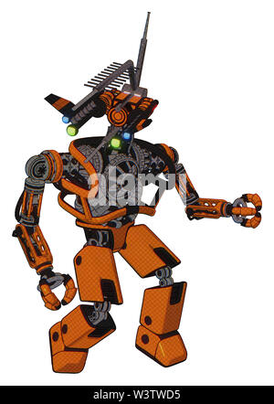 Automaton containing elements: dual retro camera head, communications array head, heavy upper chest, no chest plating, prototype exoplate legs. Stock Photo