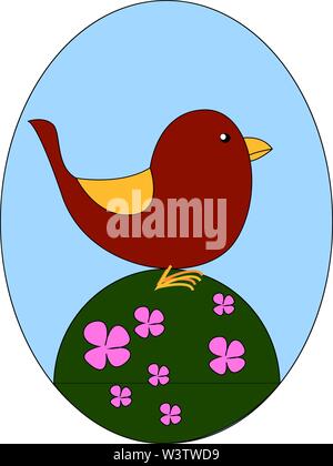 Cute red bird in flowers, illustration, vector on white background. Stock Vector