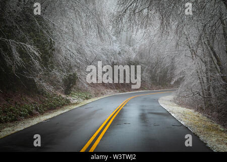 The Blue Ridge Parkway near Spruce Pine in North Carolina, after an ice storm. Stock Photo