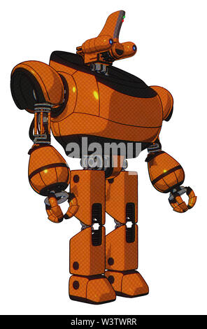 Automaton containing elements: dual retro camera head, reversed fin head, heavy upper chest, prototype exoplate legs. Material: secondary orange... Stock Photo