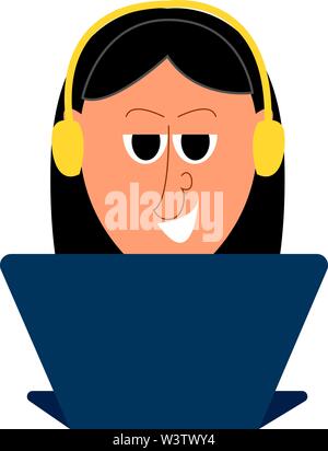 Young girl with headphones and laptop sitting on armchair in pink