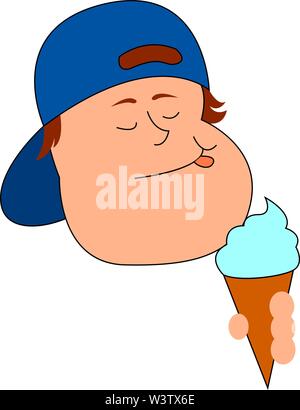 Boy eating ice cream, illustration, vector on white background. Stock Vector