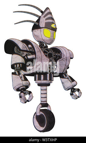 Automaton containing elements: grey alien style head, yellow eyes, eyeball creature crown, heavy upper chest, heavy mech chest, unicycle wheel. Stock Photo