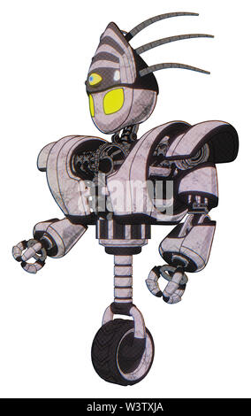 Automaton containing elements: grey alien style head, yellow eyes, eyeball creature crown, heavy upper chest, heavy mech chest, unicycle wheel. Stock Photo