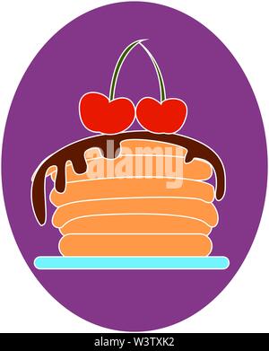 Chocolate pancakes with cherries on top, illustration, vector on white background. Stock Vector