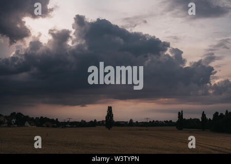 dramatic evening sky during sunset over field Stock Photo