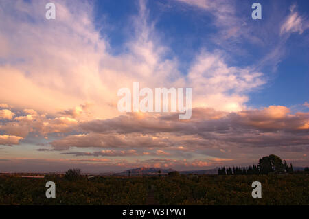 Landscape in Valencia at sunset with some striking clouds of orange colors, in the background some mountains focus the look Stock Photo
