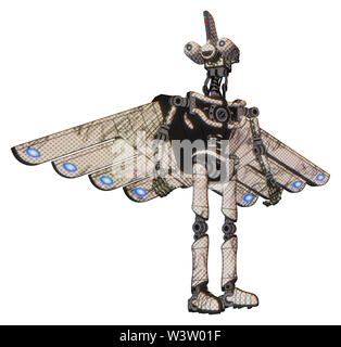 Automaton containing elements: dual retro camera head, reversed fin head, light chest exoshielding, cherub wings design, no chest plating, ultralight. Stock Photo