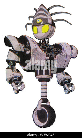 Automaton containing elements: grey alien style head, yellow eyes, eyeball creature crown, heavy upper chest, heavy mech chest, unicycle wheel. Stock Photo