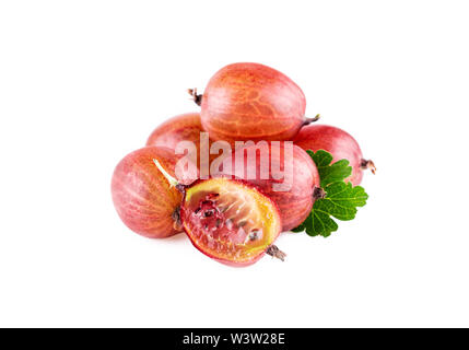 Pile of red gooseberries with leaves isolated on white Stock Photo