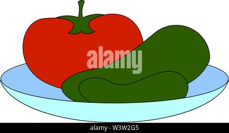 Tomato and cucumbers on plate, illustration, vector on white background Stock Vector