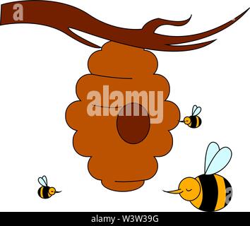 Bee hive on a tree, illustration, vector on white background. Stock Vector