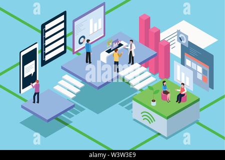 A vector illustration of Isometric of Business People Working With Technology Stock Vector