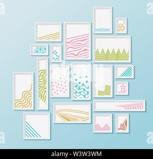 Different pictire frames with simple colorful geometric patters on bright blue wall. Set of realistic borders for art gallery mockup, wallpaper design, fully editable, you can move any object Stock Vector