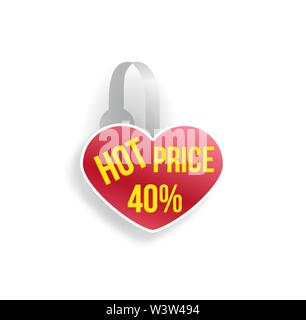 Vector red heart shape wobbler mockup with transparent strip isolated on white background. Sale message template for your hanging shelf tag design. Stock Vector