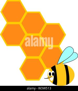 Honeycomb and bee, illustration, vector on white background. Stock Vector