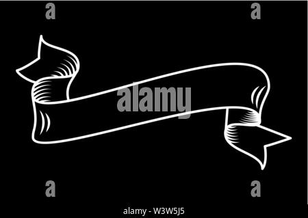 White ribbon on the black, hand drawn detailed vector scroll ribbon in outline or contour drawing. Single isolated vector illustration of one retro short ribbon in vintage style, bold line Stock Vector