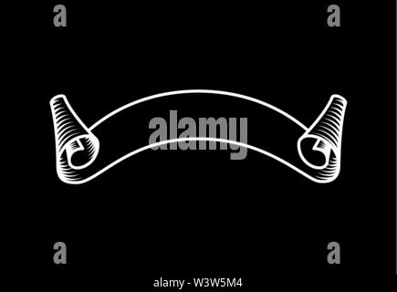 White ribbon on the black, hand drawn detailed vector scroll ribbon in outline or contour drawing. Single isolated vector illustration of one retro short ribbon in vintage style, bold line Stock Vector